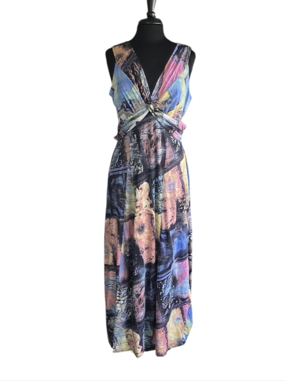 Elana Kattan Mesh Abstract Print Twist-Front Maxi Dress in Blue-Pink-Purple